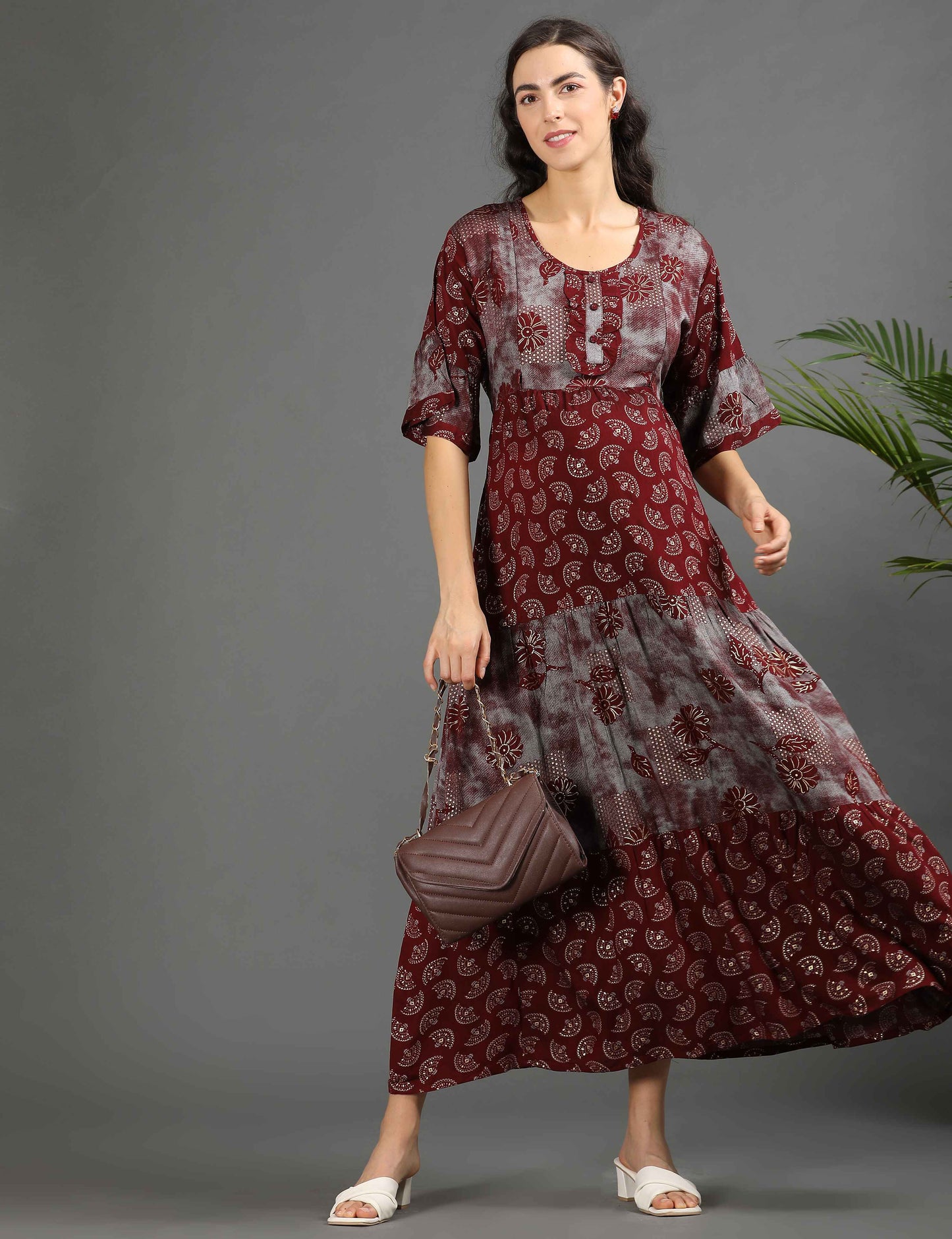 Maroon-Colored Maternity Long Gown