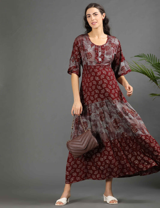 Maroon-Colored Maternity Long Gown