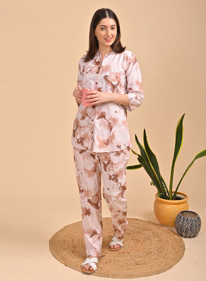 Womens Printed Co Ord Set - Brown