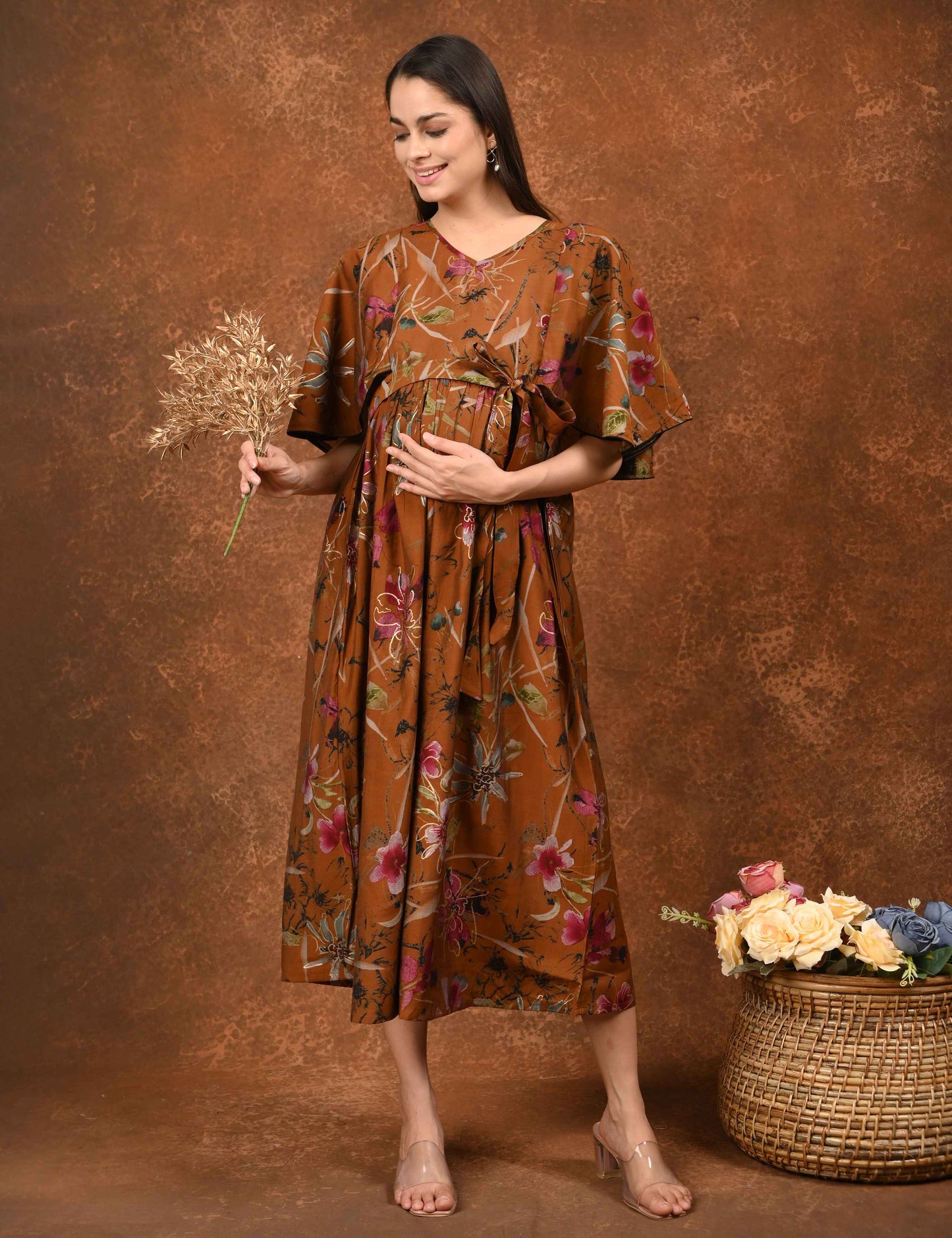 Mustard-Colored Maternity 3/4th Gown