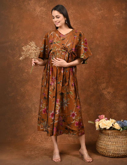 Mustard-Colored Maternity 3/4th Gown