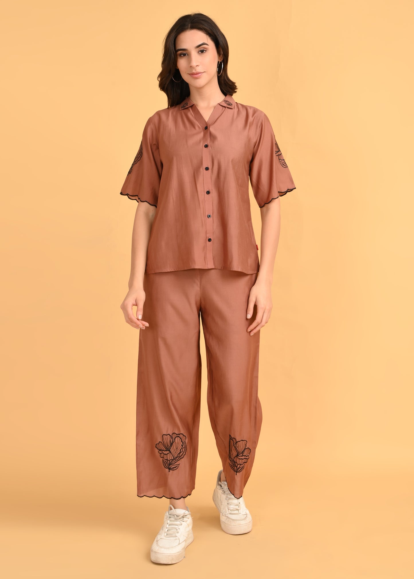 Brown-Colored Embroidered Co Ord Set