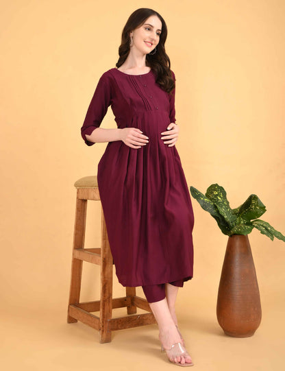 Womens Maternity Kurti Pant Set - Maroon