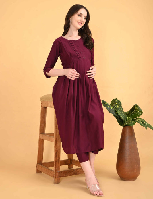 Womens Maternity Kurti Pant Set - Maroon