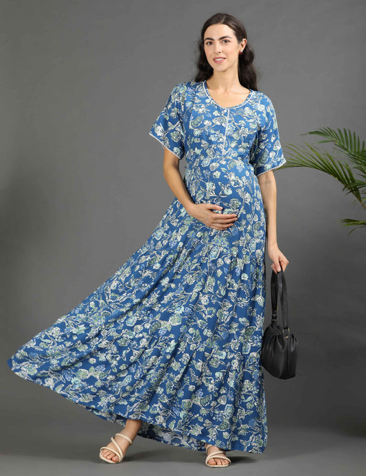 Sea Green-Colored Maternity Long Gown