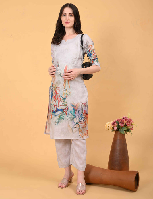 Womens Maternity Kurti Pant Set - Grey
