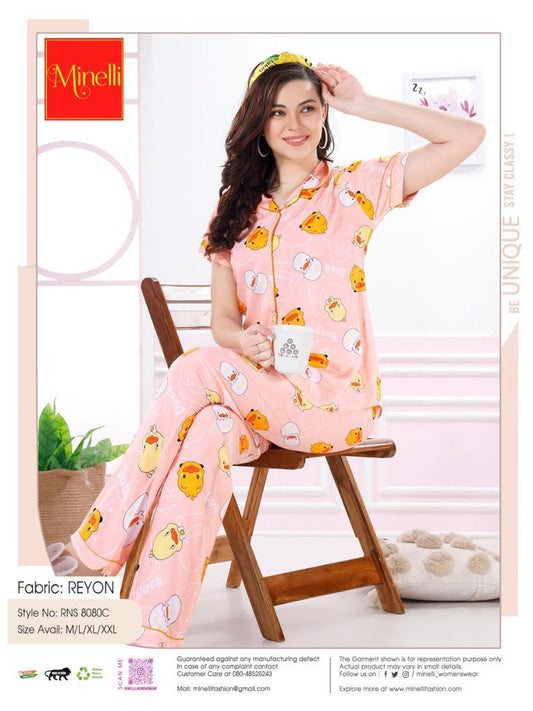 Womens Printed Front Open Nightsuit - Peach