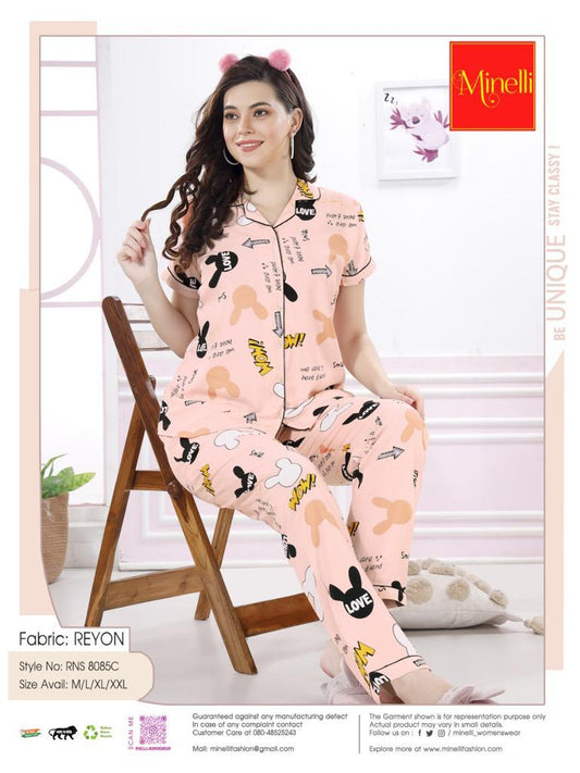 Womens Printed Front Open Nightsuit - Peach