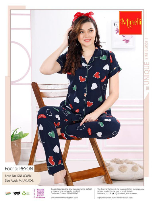 Womens Printed Front Open Nightsuit - Navy Blue