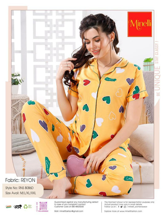 Womens Printed Front Open Nightsuit - Yellow