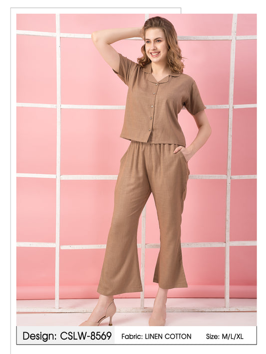 Brown Solid Linen Cotton Co Ord Set