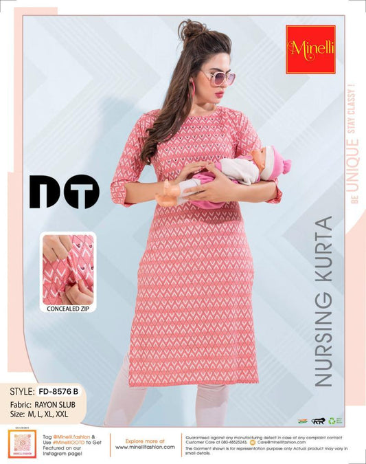 Womens Pink-Colored Printed Feeding Kurta