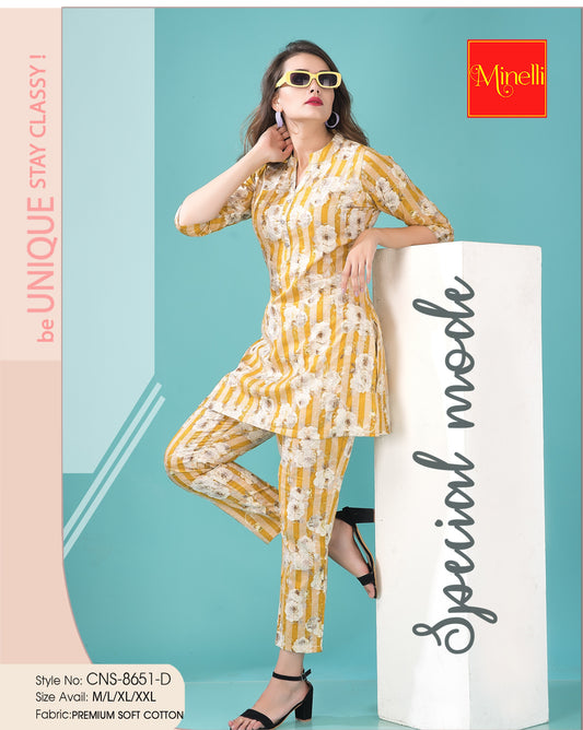 Yellow-Colored Printed Long Top Co Ord Set