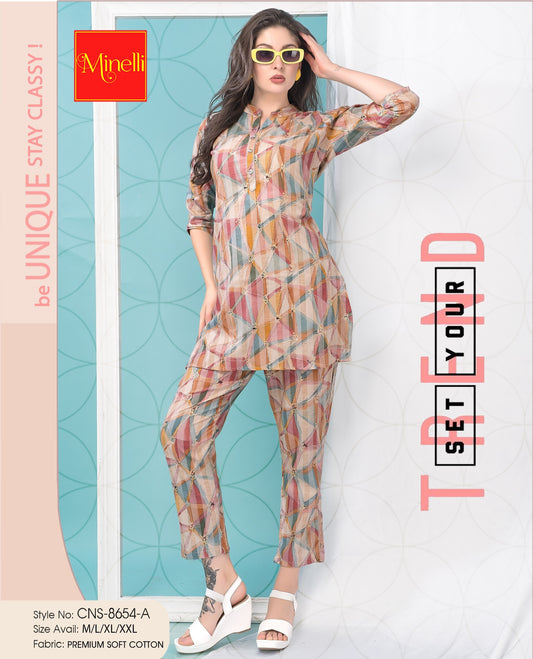 Multi-Colored Printed Long Top Co Ord Set