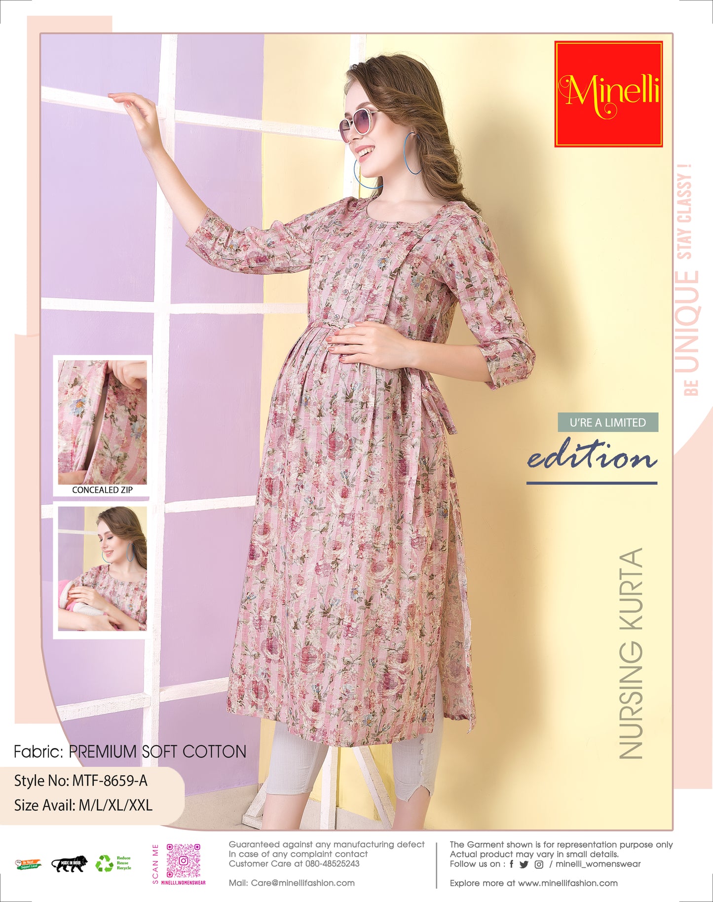 Womens Printed Maternity Kurta - Pink