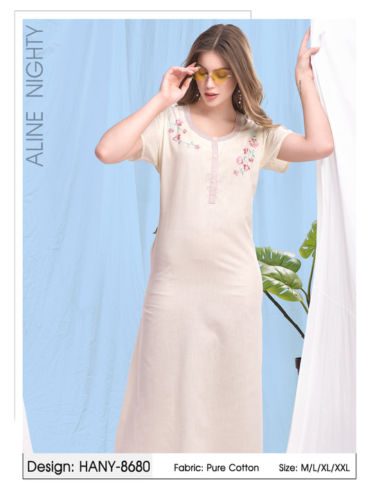 Beige-coloured Pure Cotton Hakoba Nightdress
