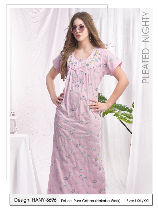 Hakoba Work Pure Cotton Maxi Nightdress - Pink