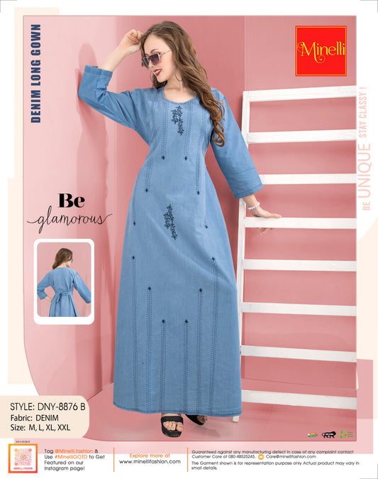 Womens Denim Long Gown - Sky Blue
