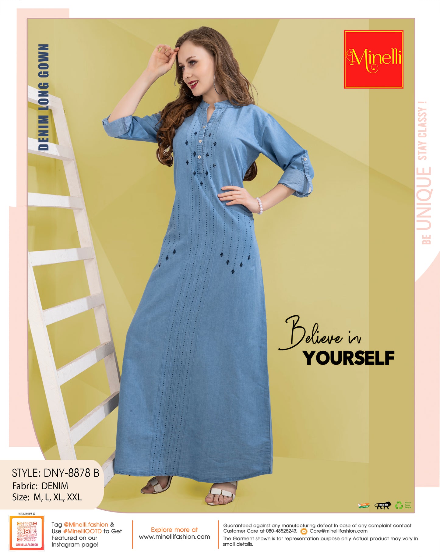 Womens Denim Long Gown - Sky Blue