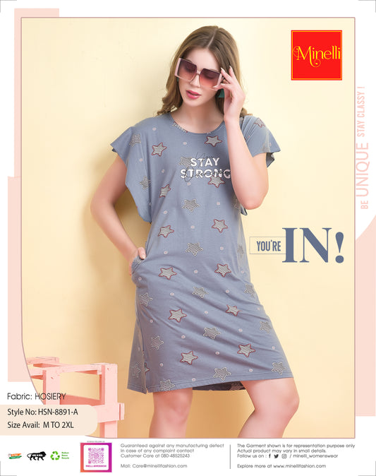 Womens Printed Short Nightdress - Grey