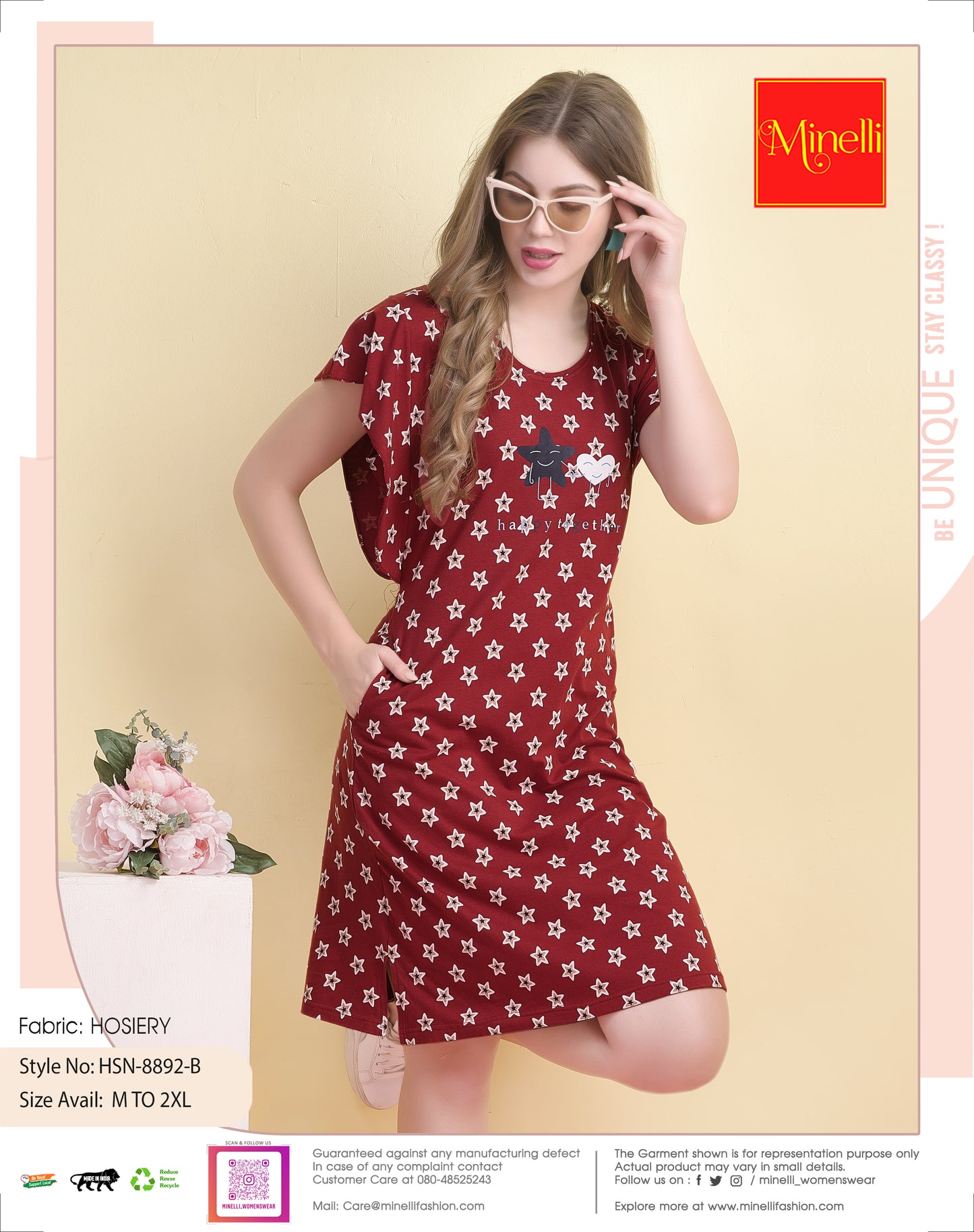 Womens Printed Short Nightdress - Maroon