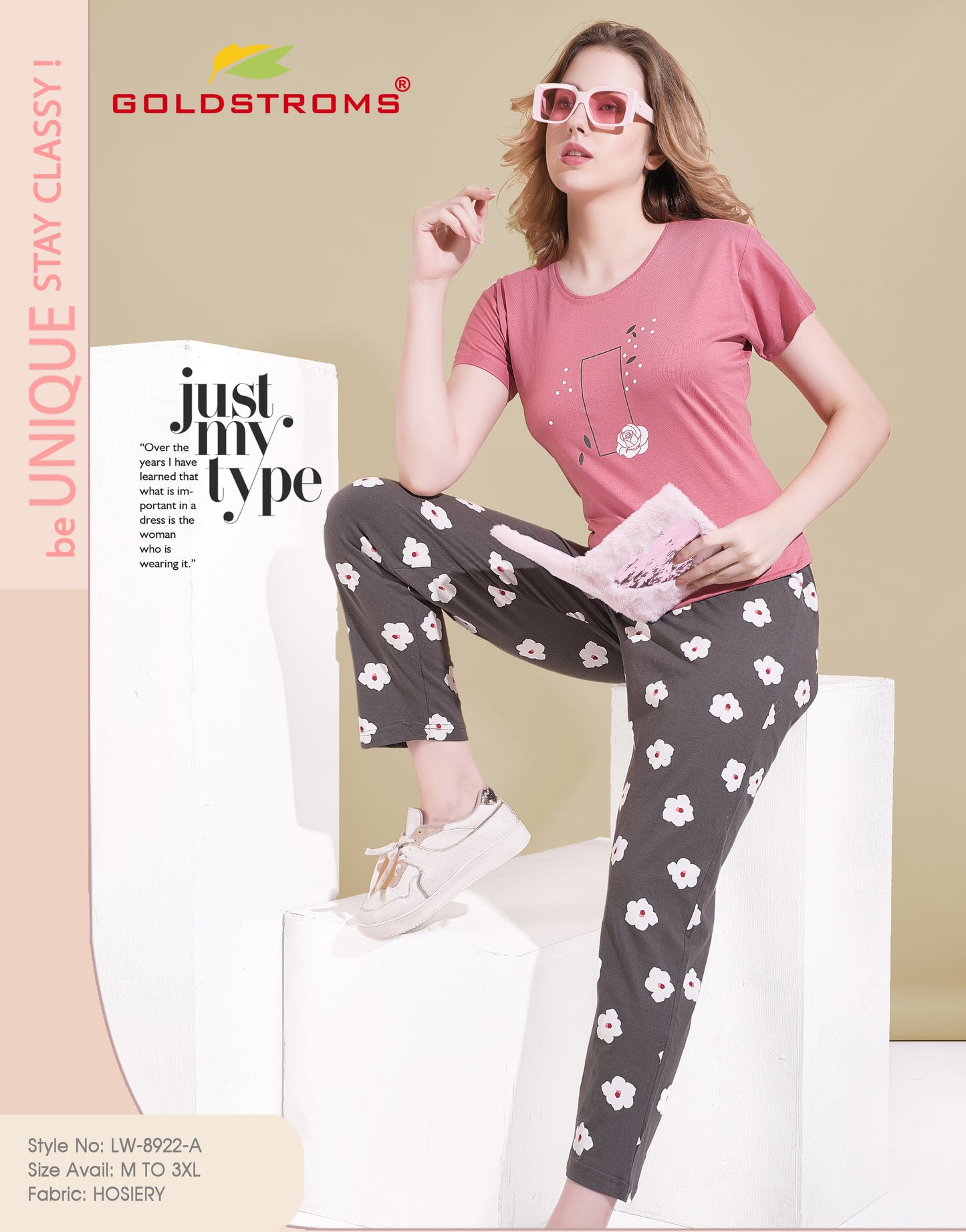 Womens Pink & Charcoal Printed Nightsuit