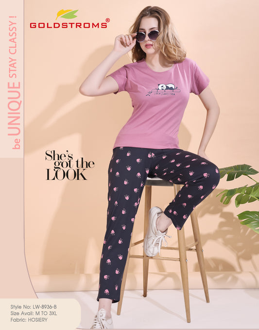 Womens Pink & Navy Printed Nightsuit