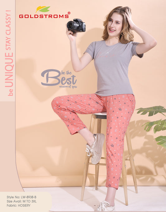 Womens Grey & Peach Printed Nightsuit