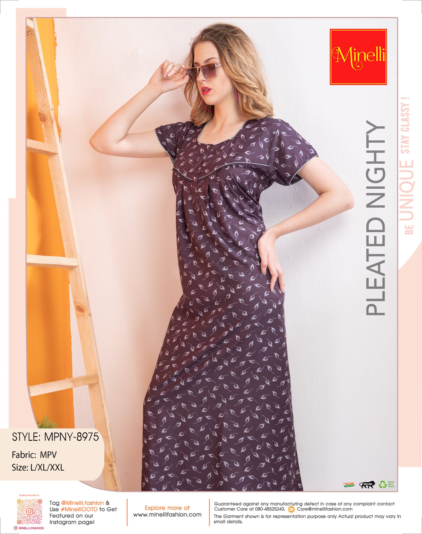 Magenta-Colored PV Pleated Nightdress