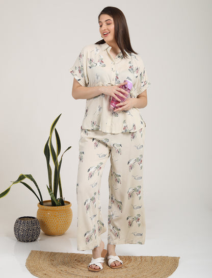 Womens Printed Co Ord Set - Cream