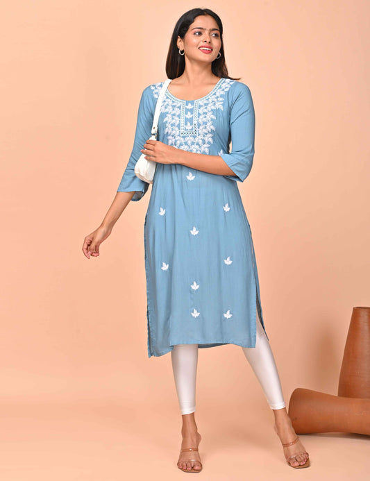 Womens L.Blue-Colored Straight Kurta