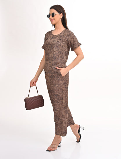 Womens Printed Co Ord Set - Brown