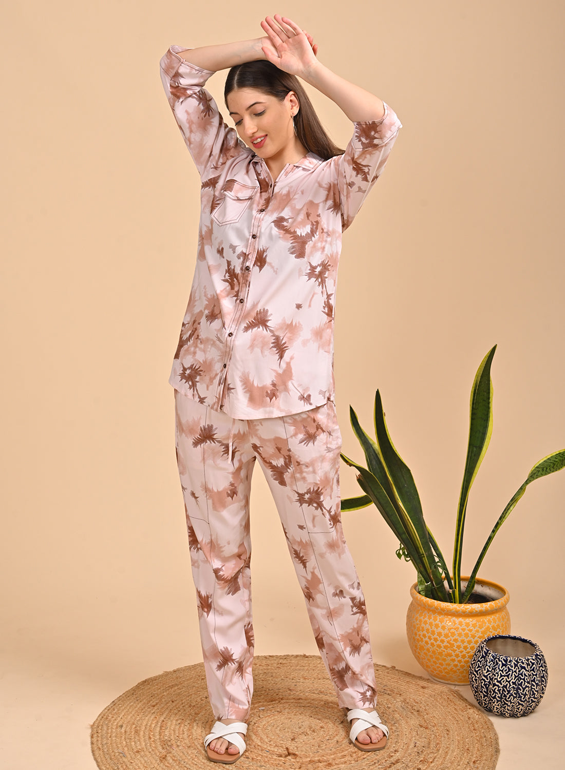 Womens Printed Co Ord Set - Brown