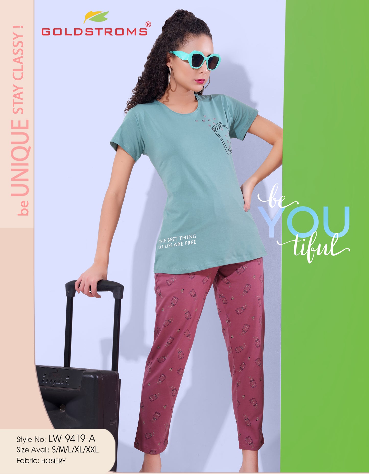 S Green & Magenta-Colored Printed Nightsuit