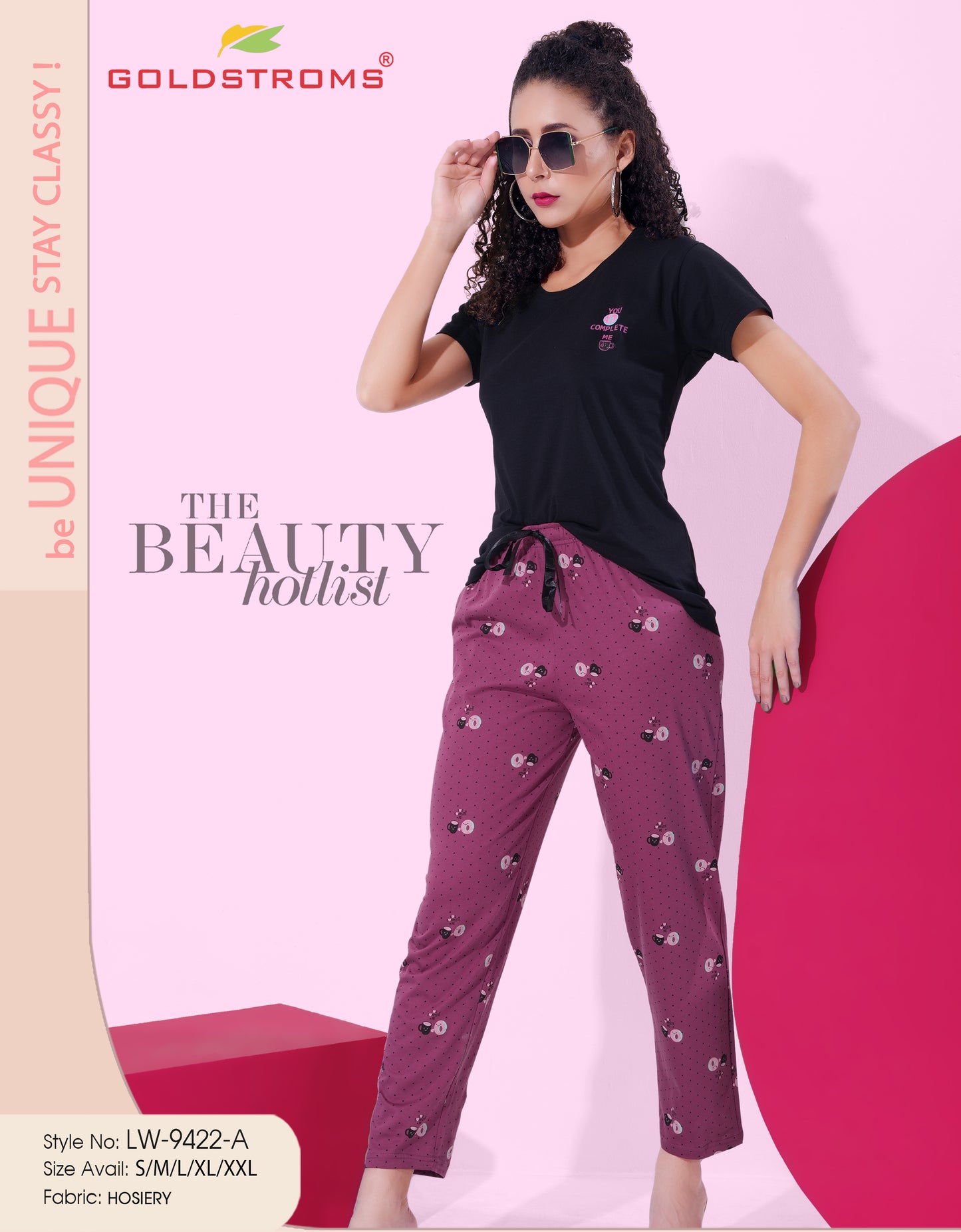 Black & Magenta-Colored Printed Nightsuit