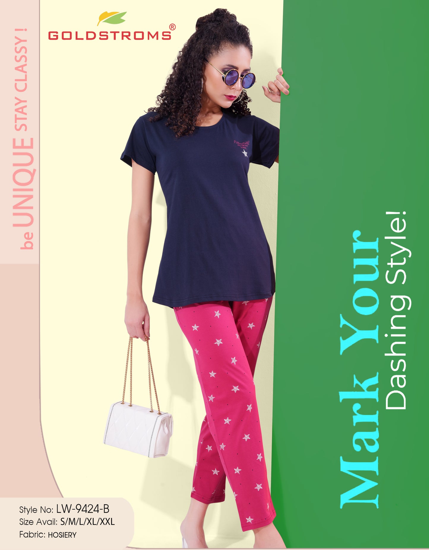 Navy Blue & Fuchsia-Colored Printed Nightsuit