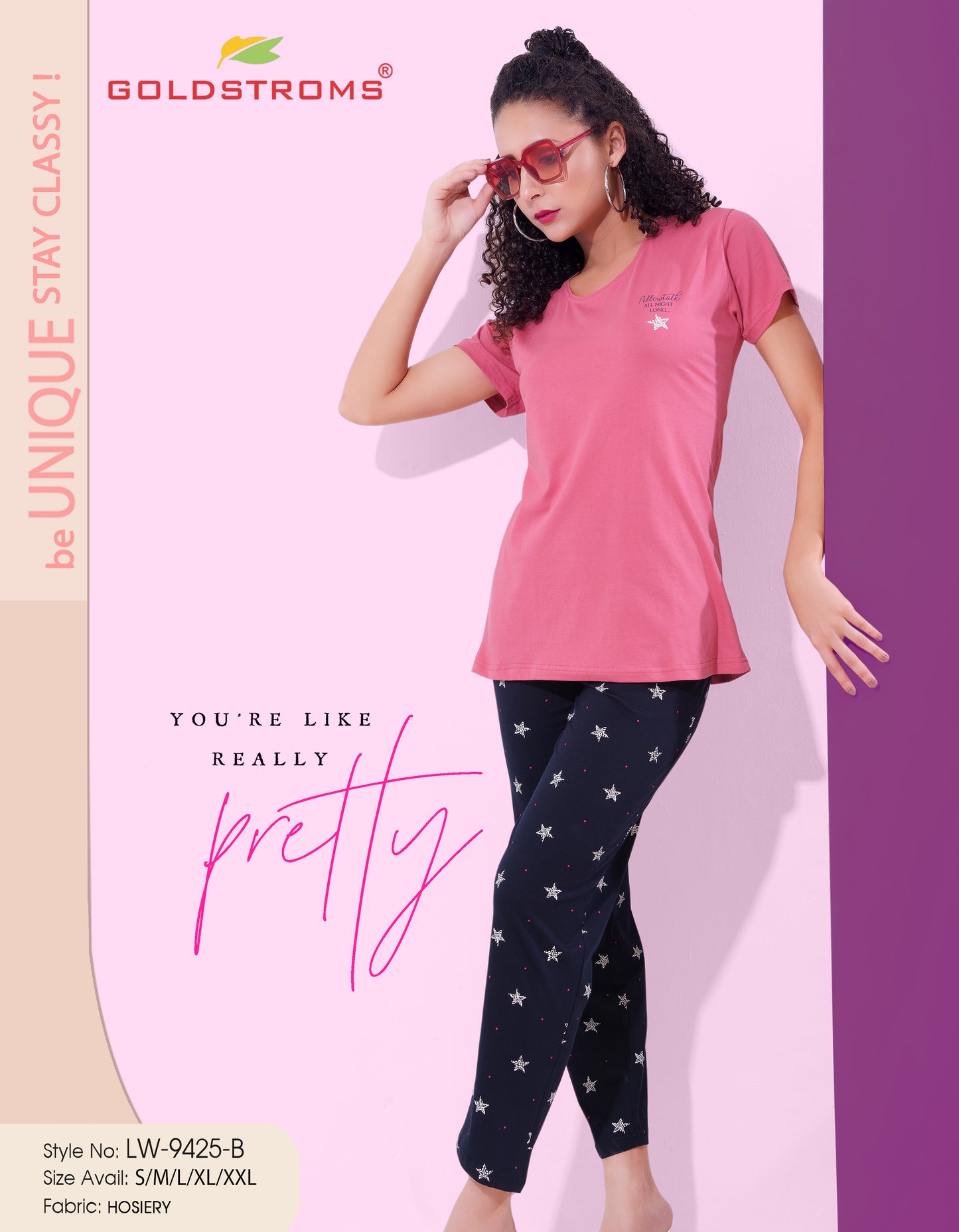 D Pink & Navy Blue-Colored Printed Nightsuit