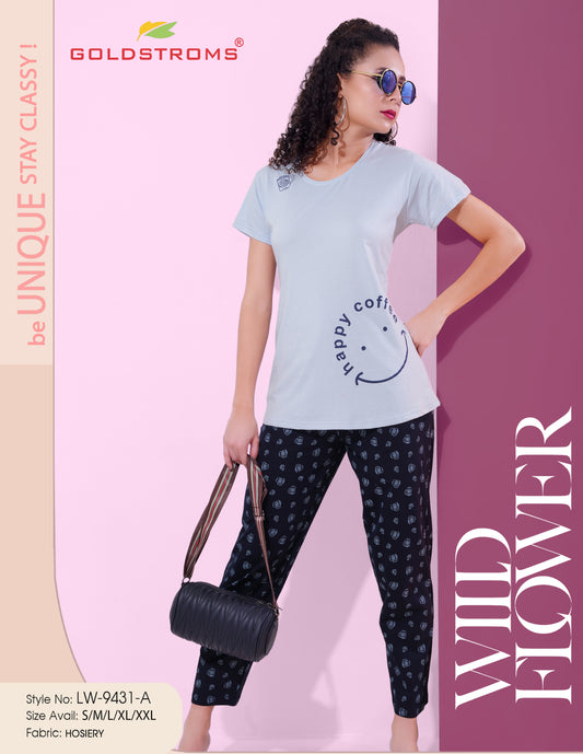 Grey & Black-Colored Printed Nightsuit