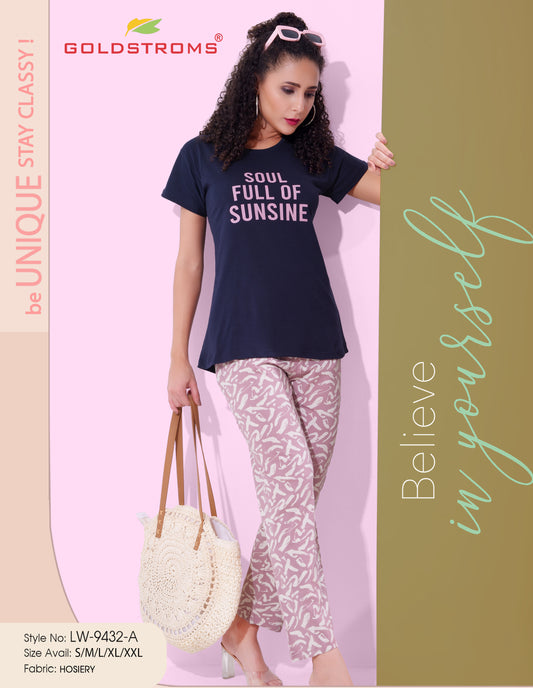 Navy Blue & Pink-Colored Printed Nightsuit