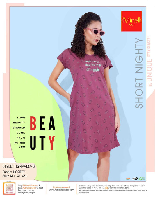 Magenta-Colored Printed Short Nightdress