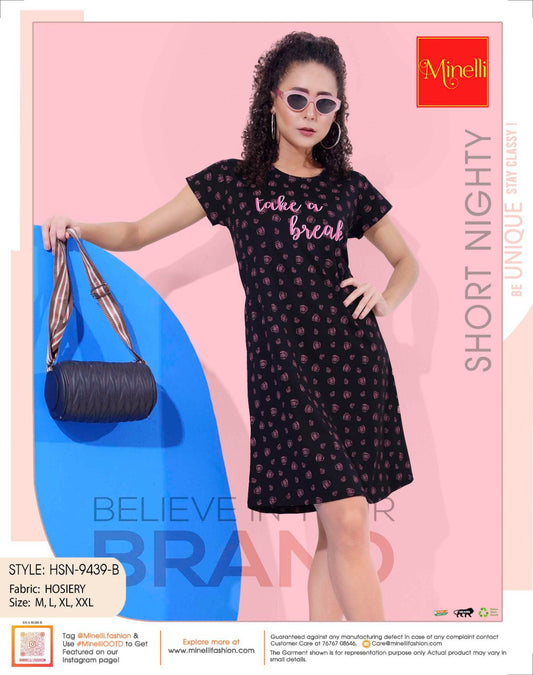 Black-Colored Printed Short Nightdress