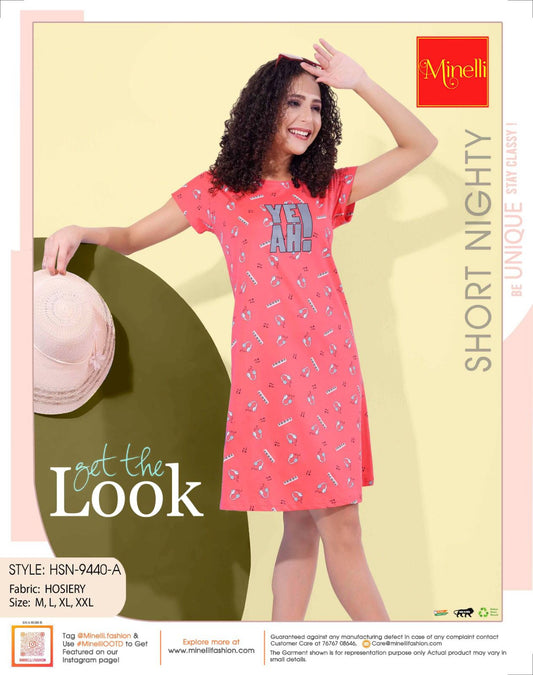 Peach-Colored Printed Short Nightdress