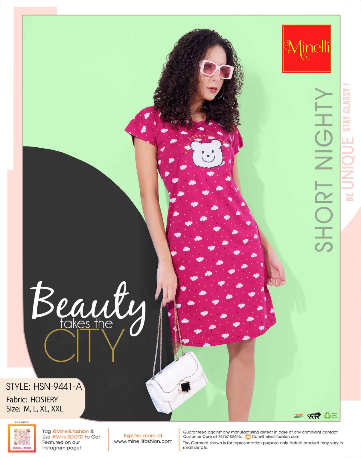 Fuchsia-Colored Printed Short Nightdress