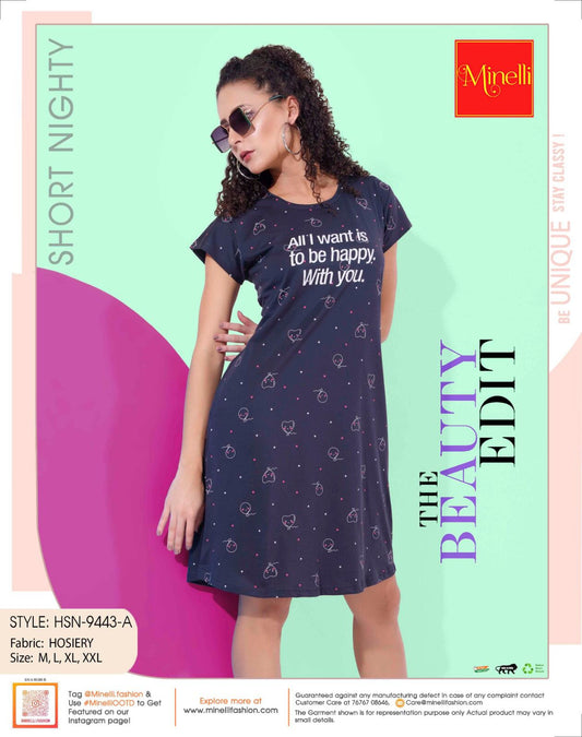 Navy Blue-Colored Printed Short Nightdress