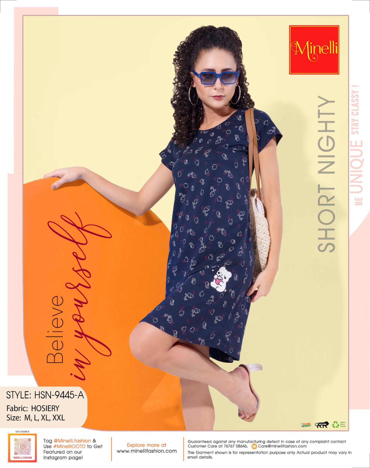 Navy Blue-Colored Printed Short Nightdress