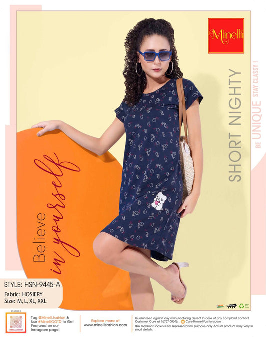 Navy Blue-Colored Printed Short Nightdress