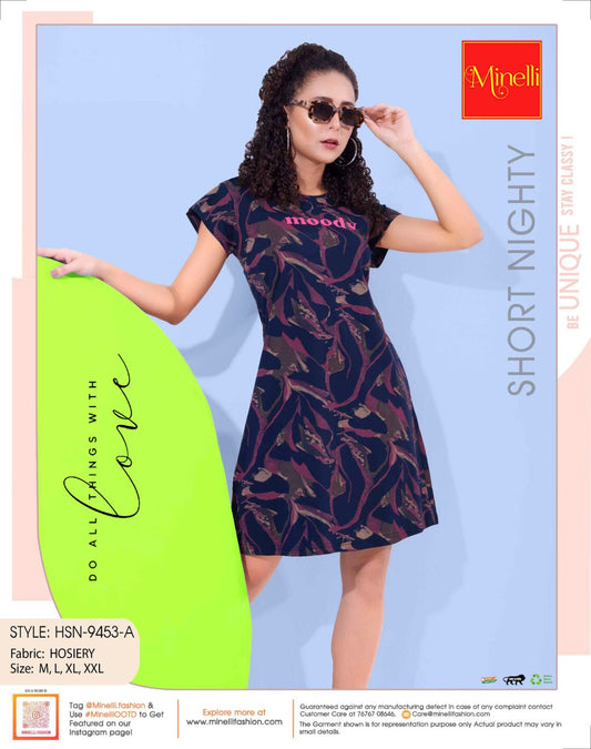 Navy Blue-Colored Printed Short Nightdress