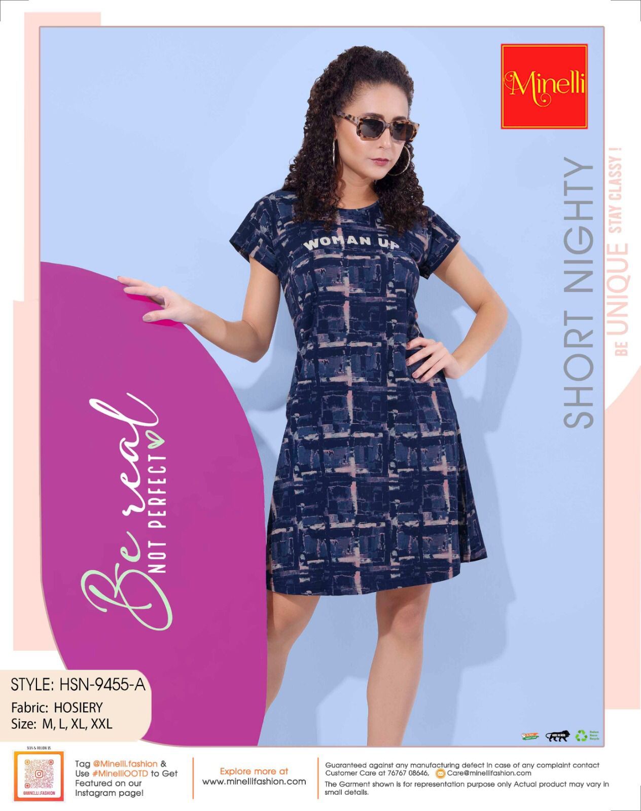 Navy Blue-Colored Printed Short Nightdress