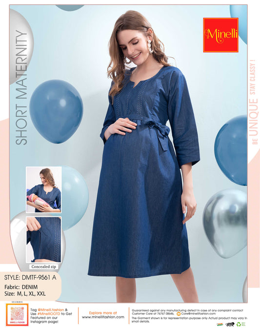 Womens Denim Maternity Short Gown - Blue