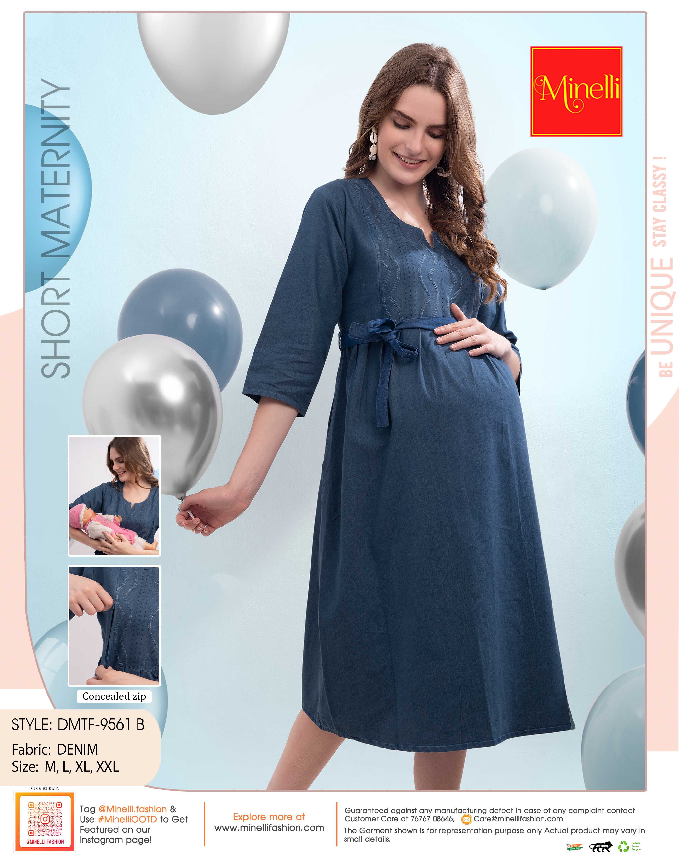 Womens Denim Maternity Short Gown L.Blue Minelli